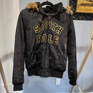South Pole Black Puffer Jacket with Faux Fur Trim